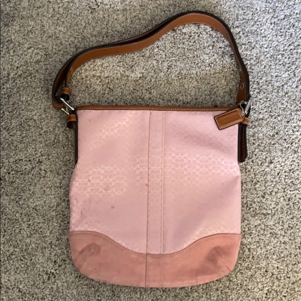 Pink & brown Coach signature bucket tote